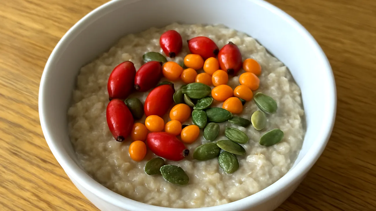 Hagebutten-Sanddorn-Porridge mit Kürbiskernen"