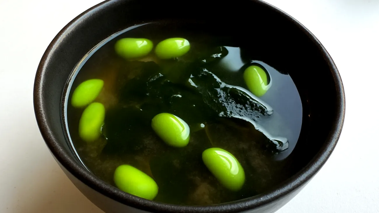 Miso-Suppe mit Wakame-Algen und Edamame"