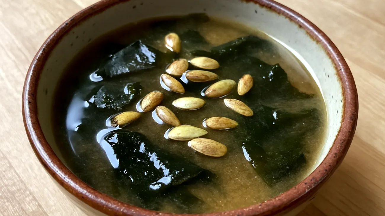 Miso-Suppe mit Wakame-Algen und gerösteten Kürbiskernen"