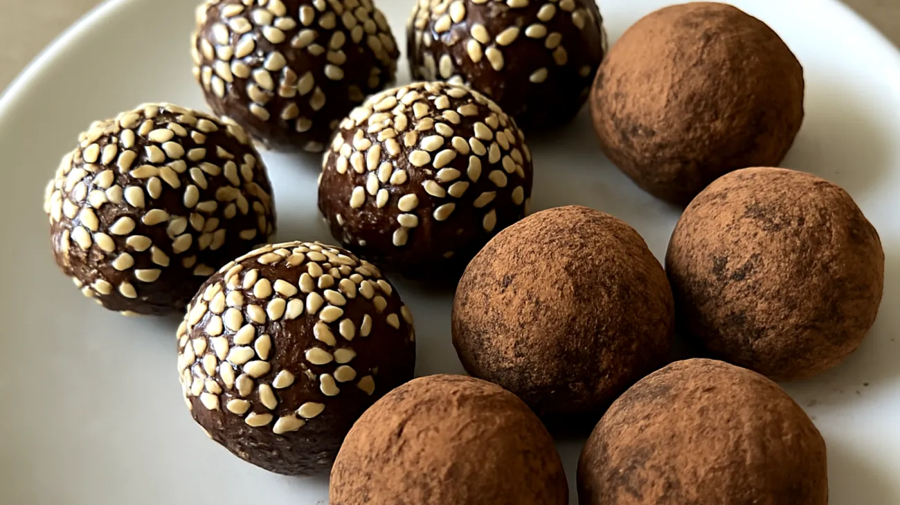 Miso-Tahini-Energiekugeln mit Kakao und Sesam"