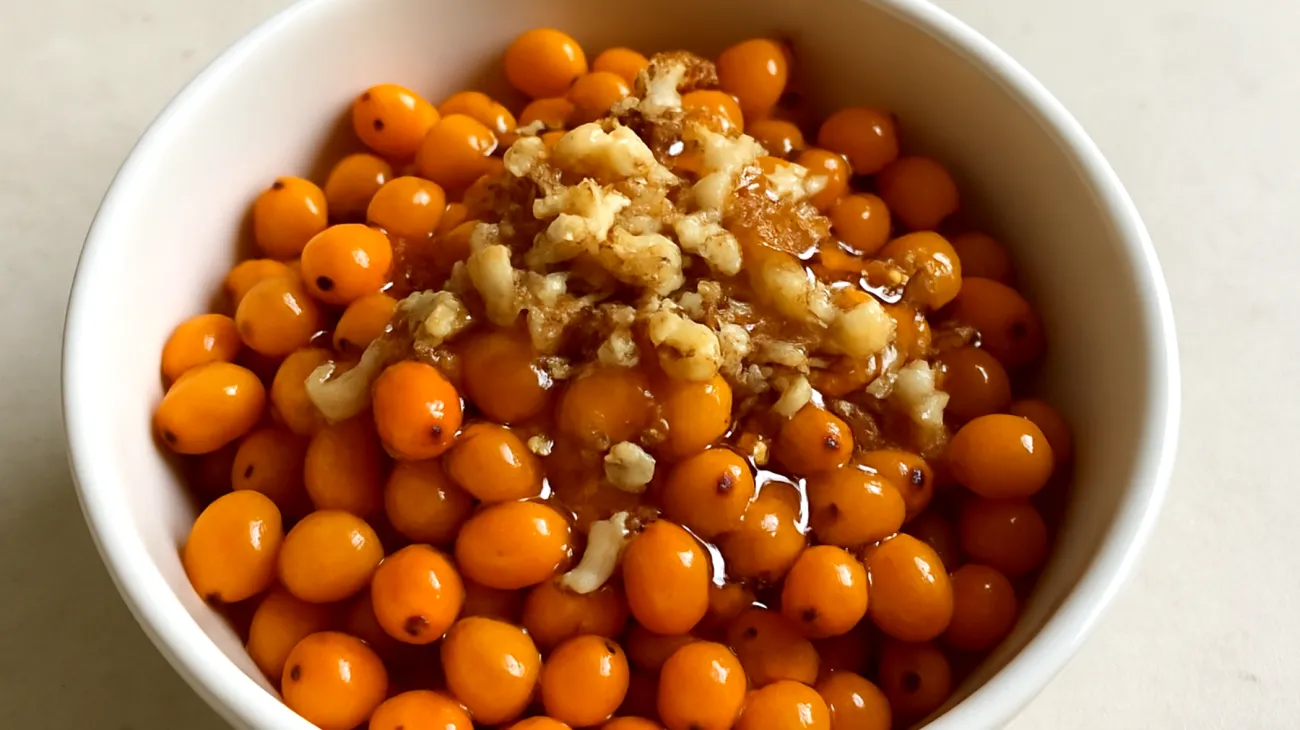 Sanddorn-Beeren mit Walnüssen und Honig"