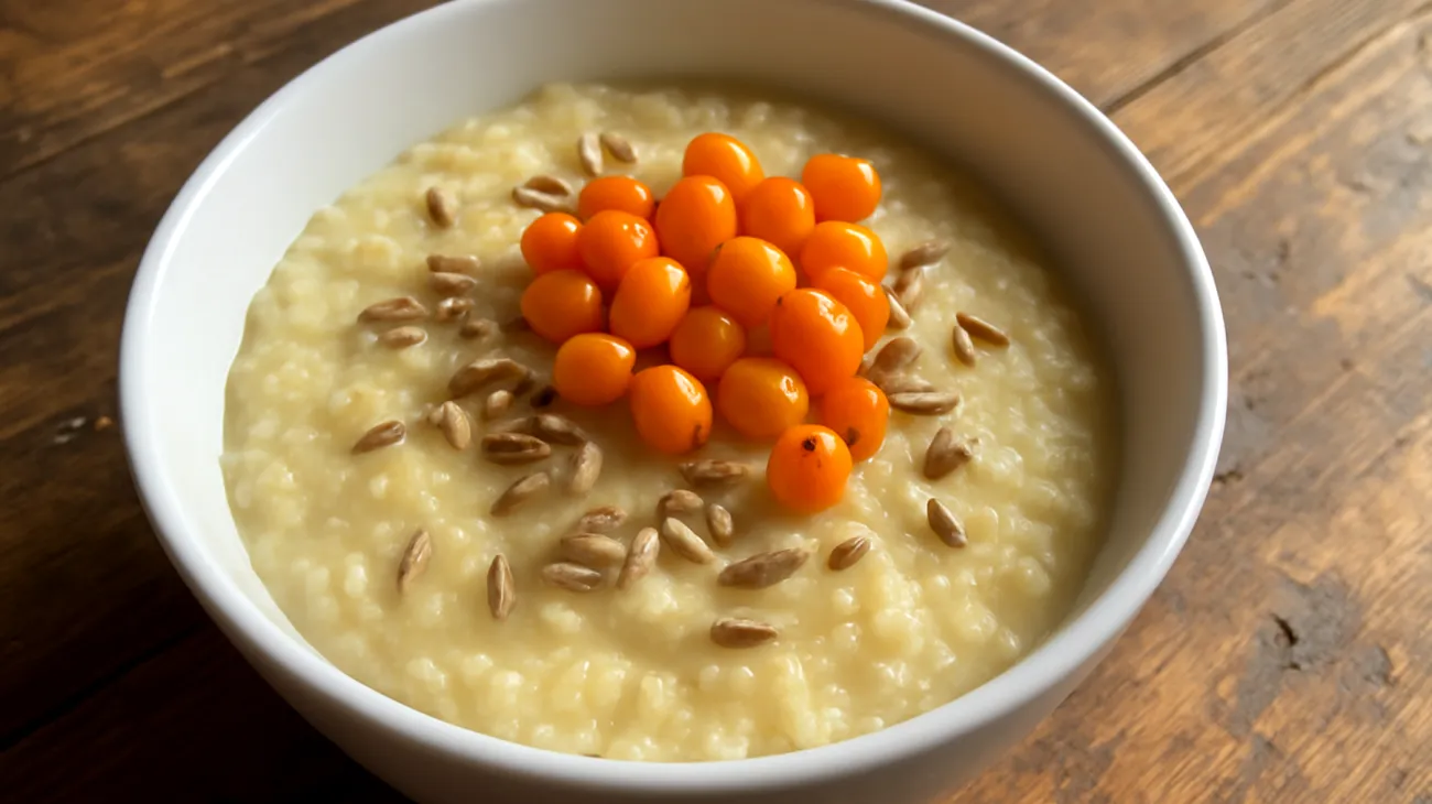 Sanddorn-Hirse-Porridge mit fermentierten Samen"